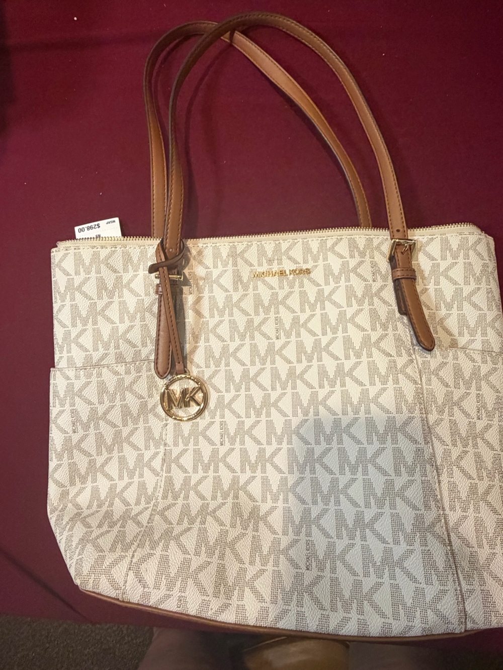 Michael Kors Beige Signature MK Logo Tote with Brown Leather Trim